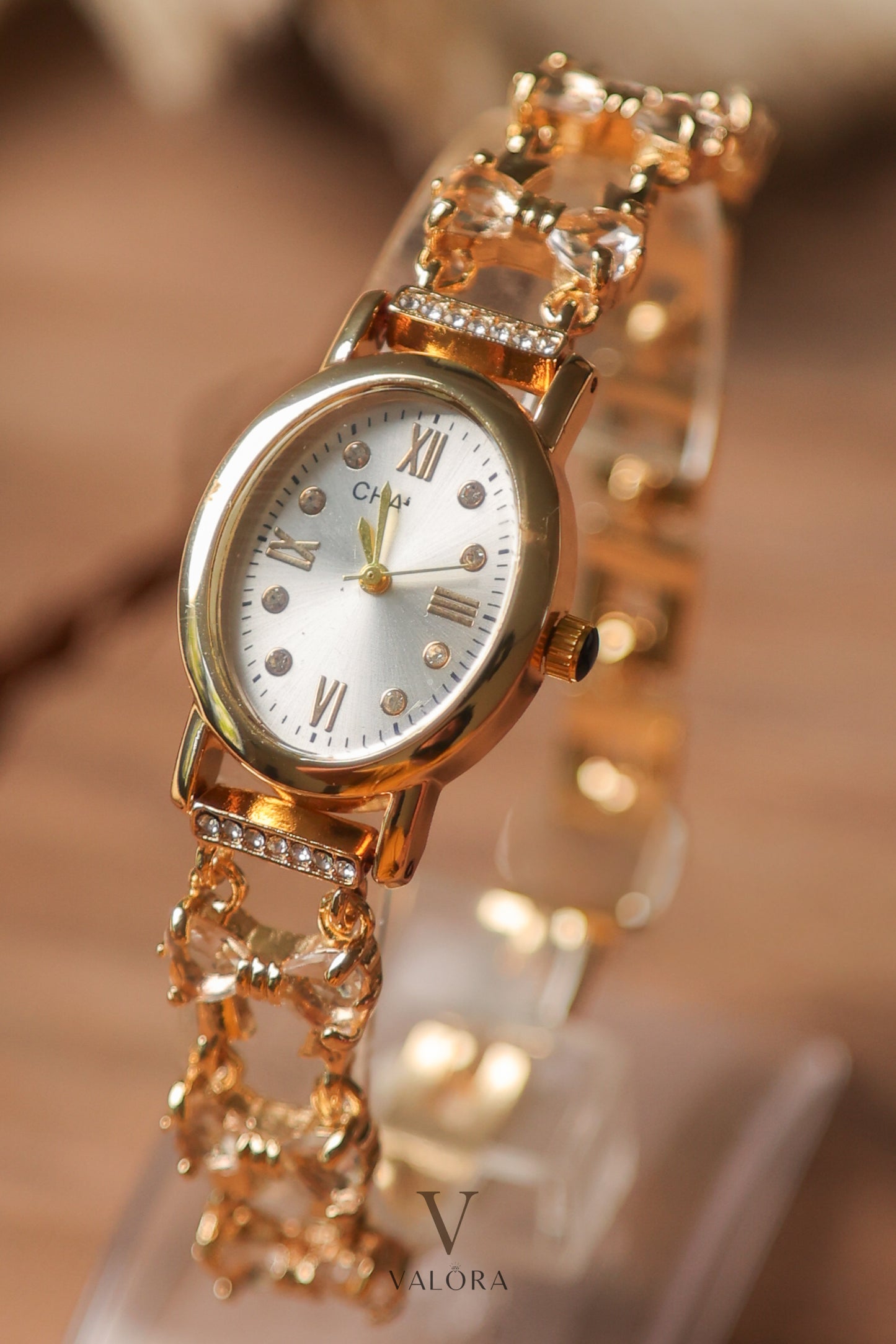 Chan-nel Stoned Golden Silver Dial
