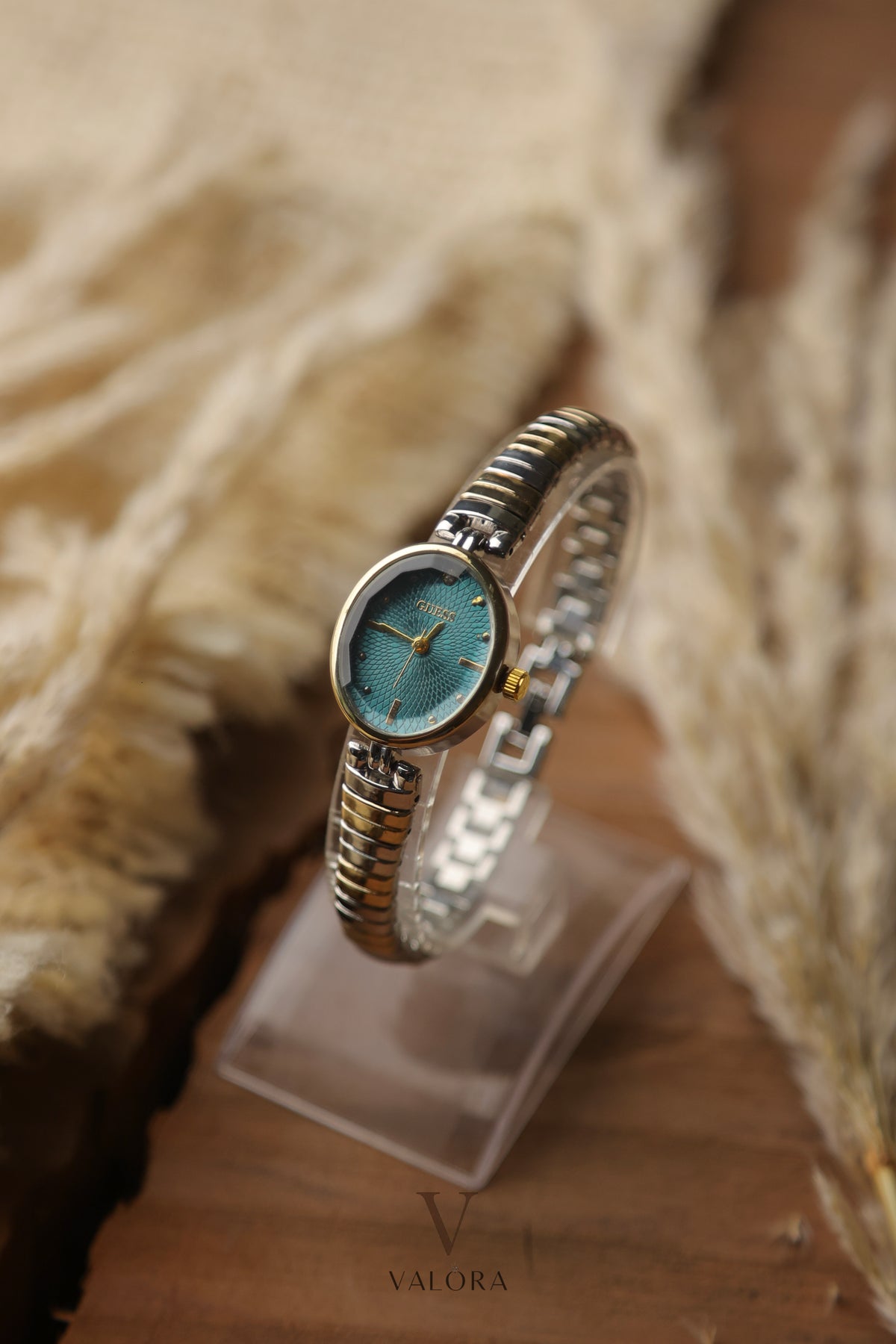 Guess Two-Tone Oval Green Analog Watch