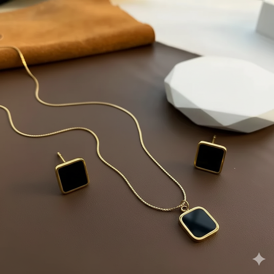 Square Black Necklace, Earring Set